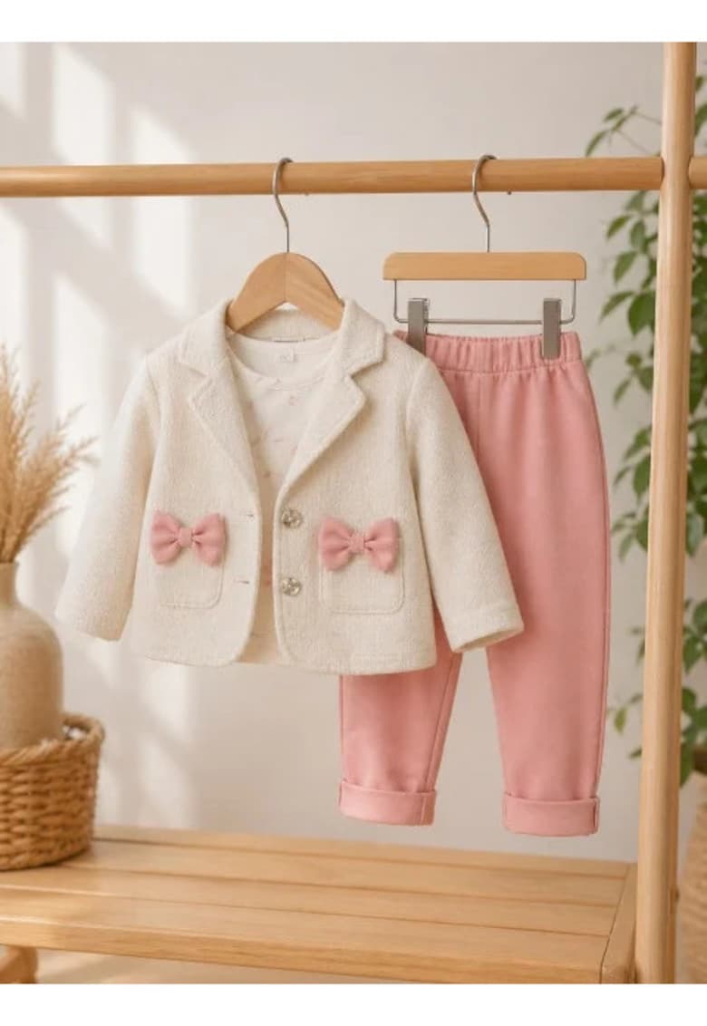 Costumas elegant fetita cu sacou crem - pantaloni roz si bluzita - Confort si stil - Multicolor