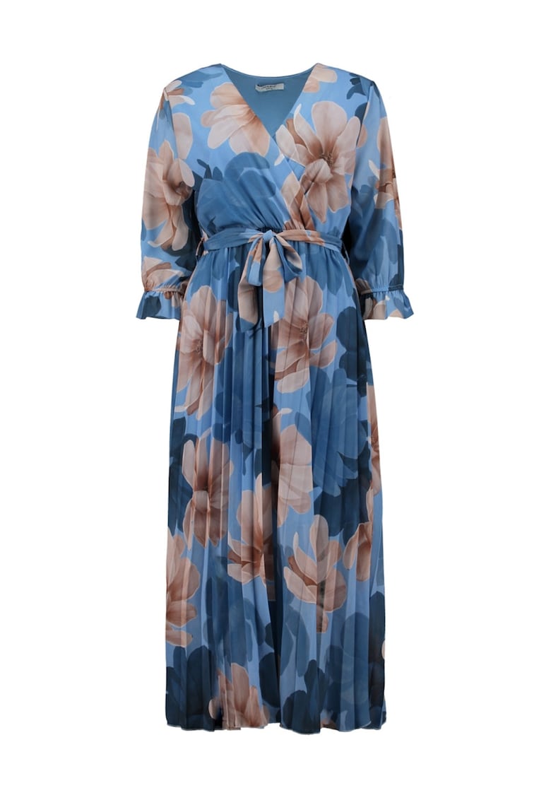 Rochie cu pliuri si decolteu cache-coeur - Albastru inchis/Bej deschis