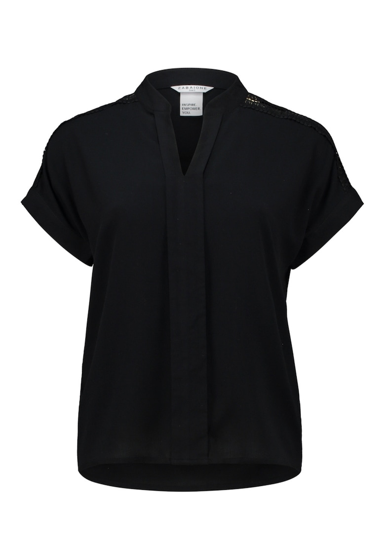 Bluza cu decolteu in V - maneci scurte si insertii brodate - Negru
