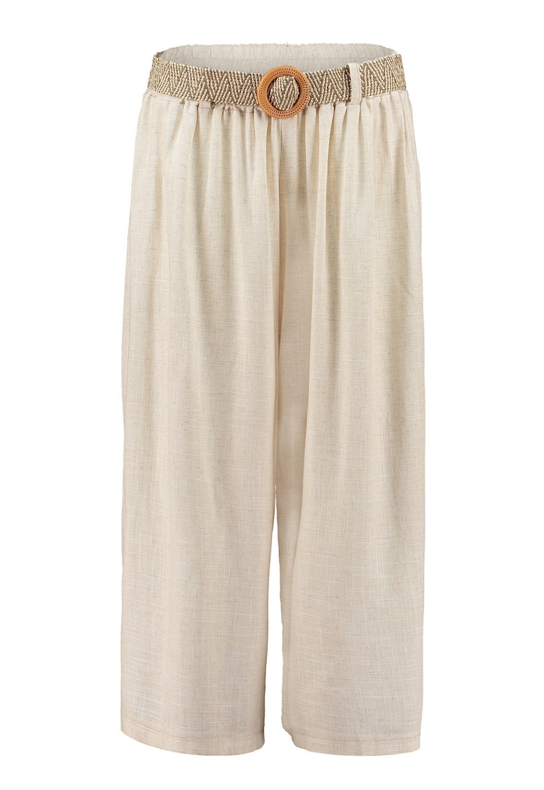 Pantaloni crop din amestec de in cu croiala ampla si curea in talie - Bej deschis