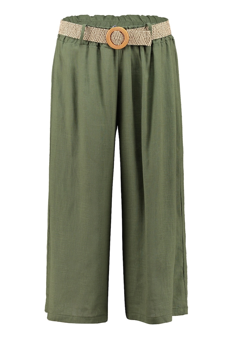 Pantaloni crop din amestec de in cu croiala ampla si curea in talie - Kaki