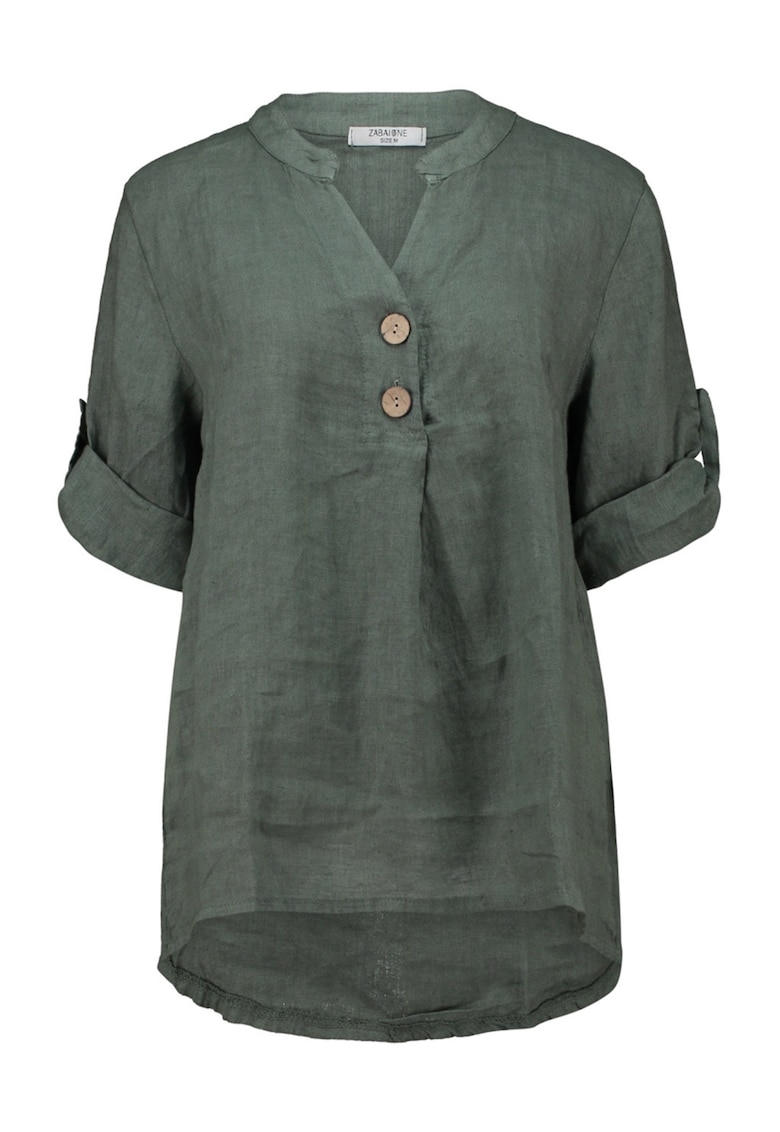 Bluza din in cu maneci ajustabile - Verde masliniu inchis