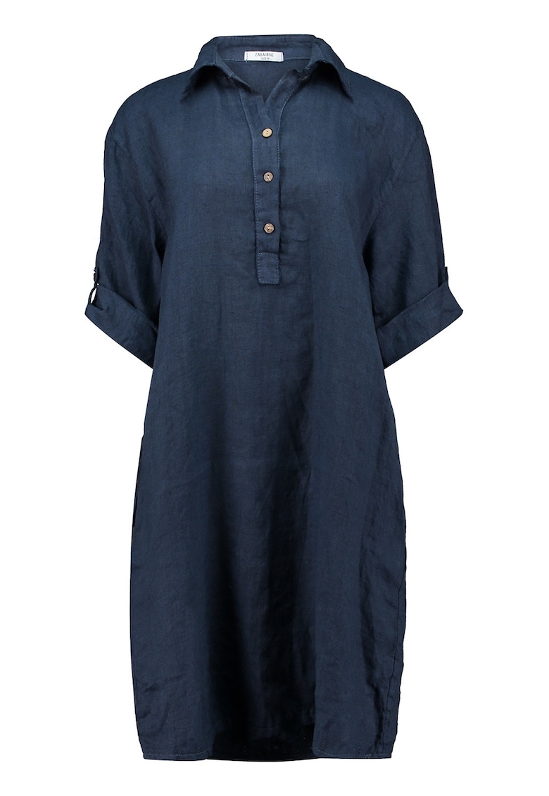 Rochie scurta din in cu buzunare laterale - Albastru ultramarin