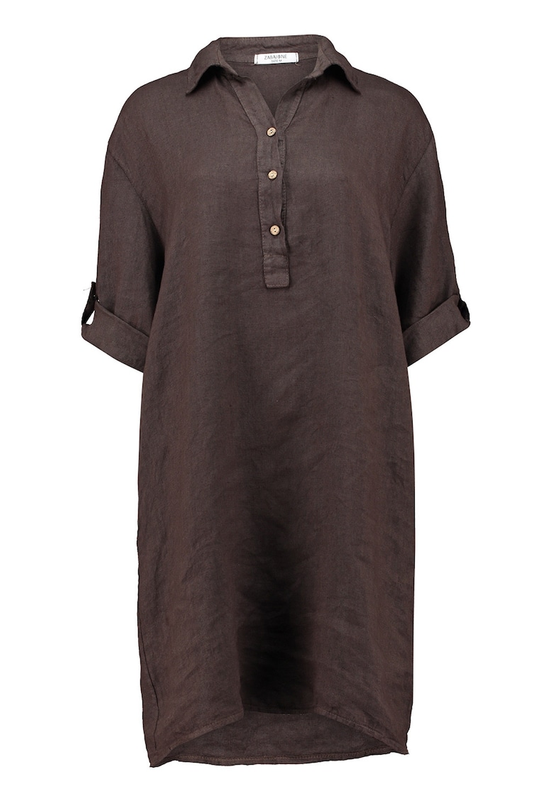 Rochie scurta din in cu buzunare laterale - Maro inchis