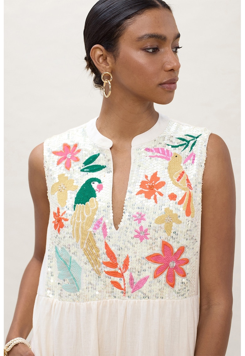 Rochie evazata din amestec de bumbac si in - Alb fildes/Portocaliu neon/Maro camel