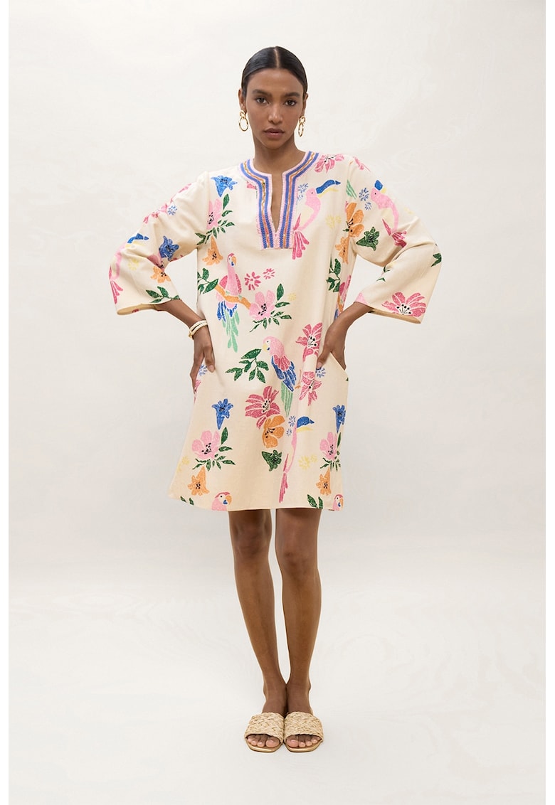 Rochie dreapta din bumbac si in cu model tropical - Roz deschis/Albastru/Bej deschis