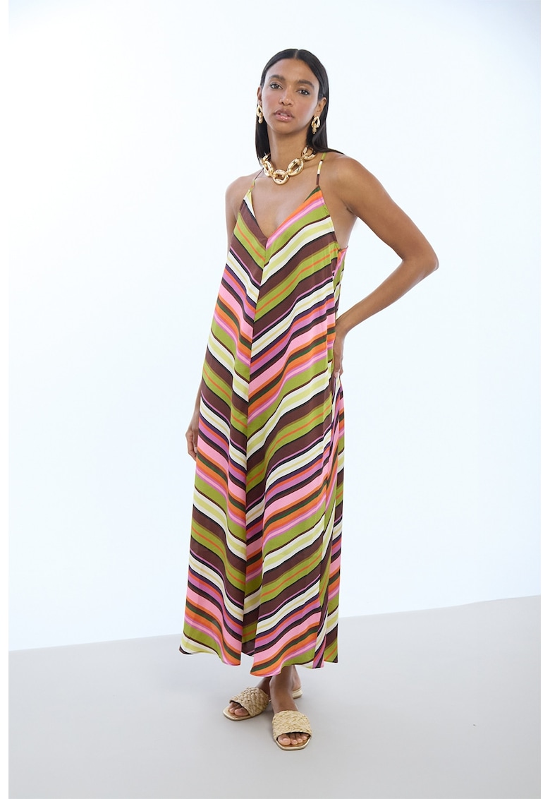 Rochie evazata cu dungi - Roz/Verde mar/Violet pruna