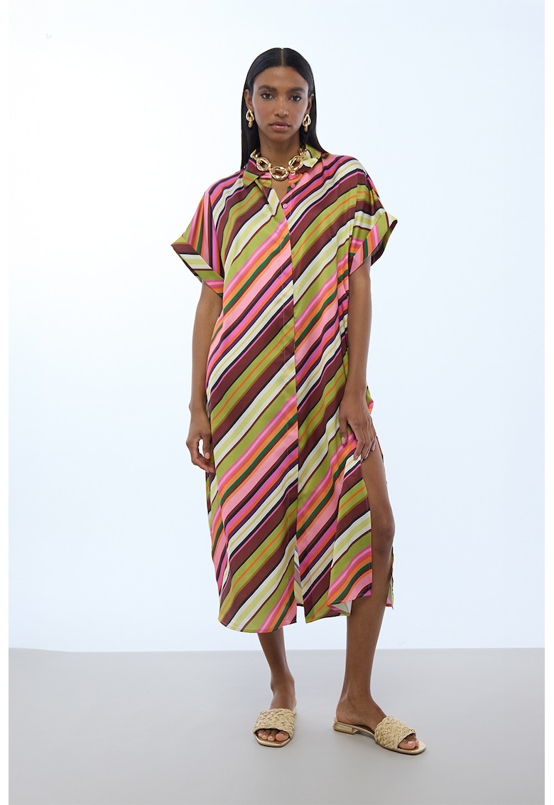 Rochie cu maneci scurte si dungi - Roz/Verde mar/Violet pruna