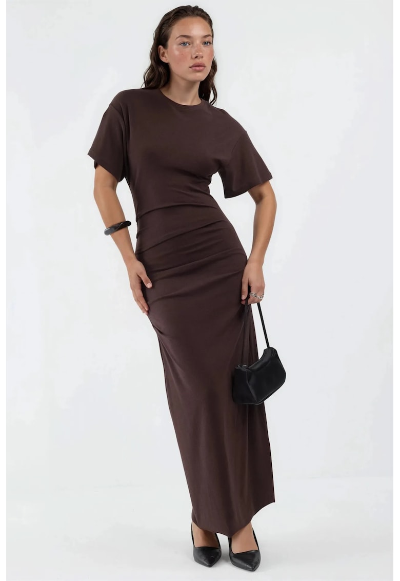 Rochie Midi Bodycon - Cu Maneca scurta - Maro - modal/bumbac/elastan