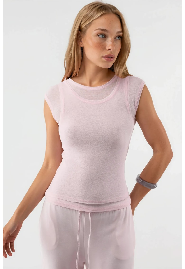 Tricou dama - Guler rotund - Roz pudrat - Poliester