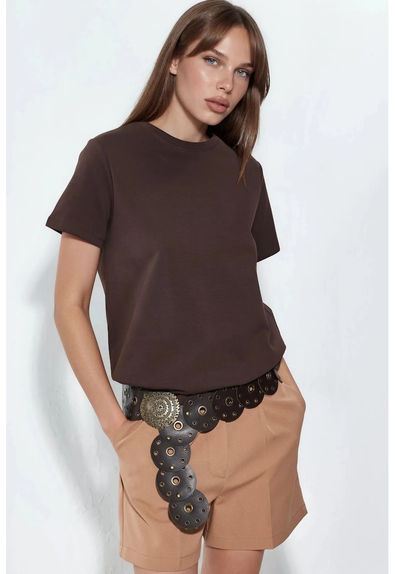 Tricou dama - simplu - scurt - maro - bumbac si elastan
