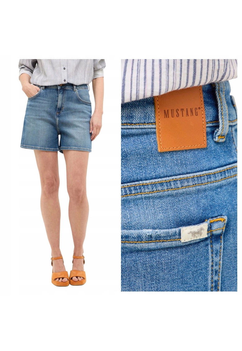 Blugi Scurti Dama - Charlotte Shorts - Mom Jeans - Fermoar - Lungime Scurta - Denim Aspect - Buzunare Frontale Si La Spate - Bumbac - Albastru - Albastru
