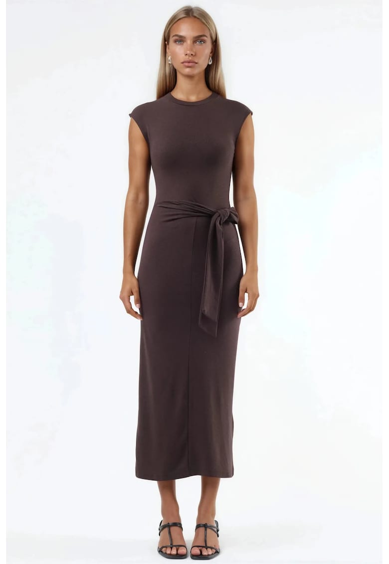 Rochie Midi detaliu tip snur - maro - amestec modal/bumbac/elastan