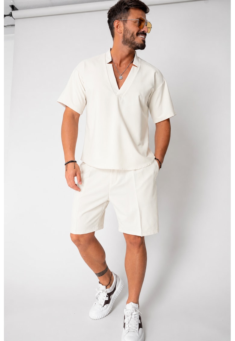 Set Como bluza V-cut si pantaloni scurti Cream 16750 - Alb