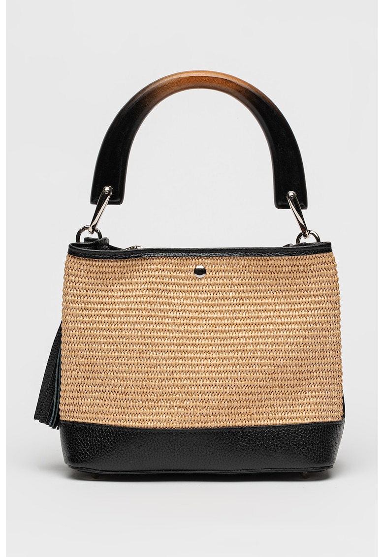 Geanta bucket cu detalii de piele - Negru