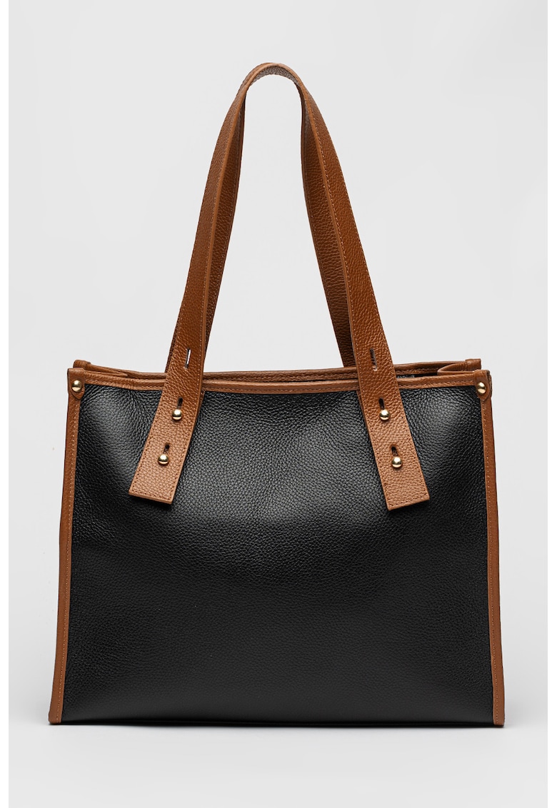 Geanta shopper din piele - Caramel/Bleumarin