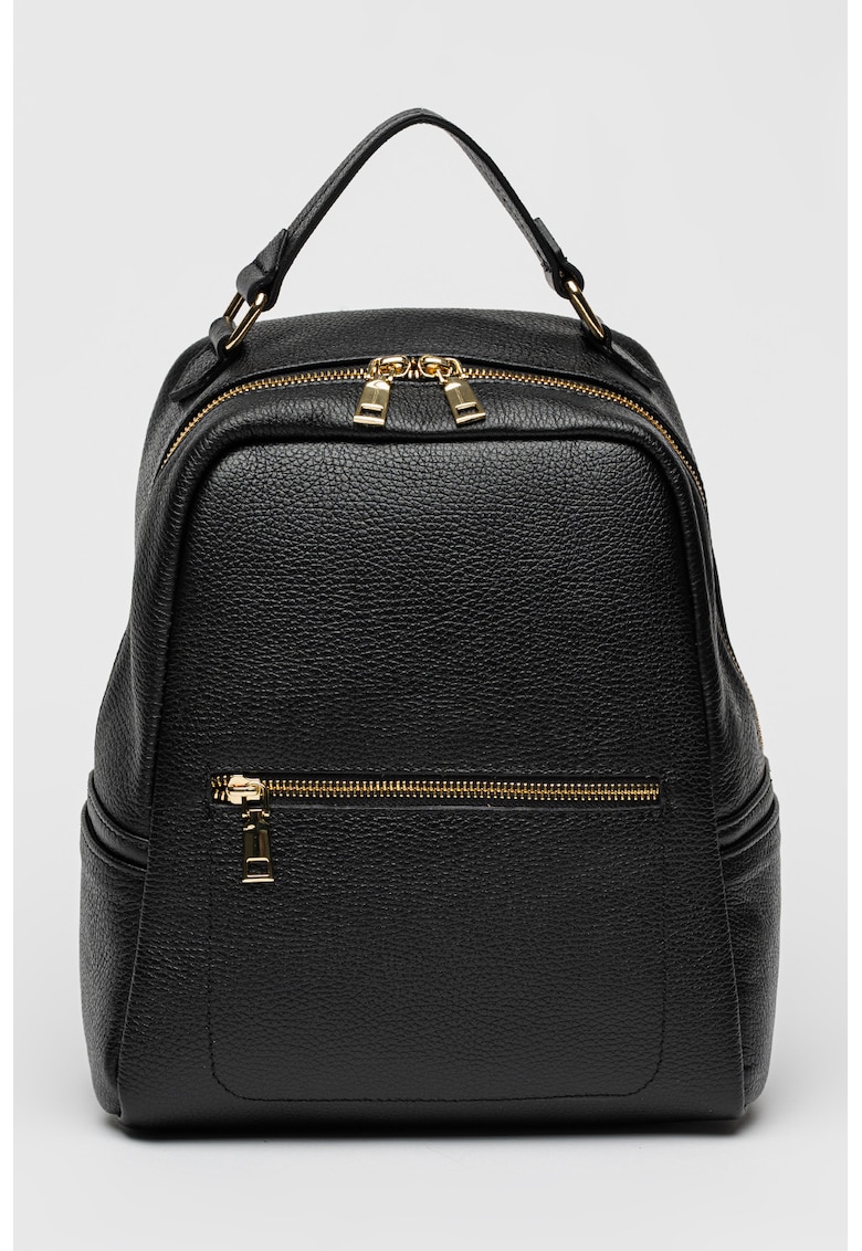 Rucsac de piele cu buzunar frontal cu fermoar - Negru