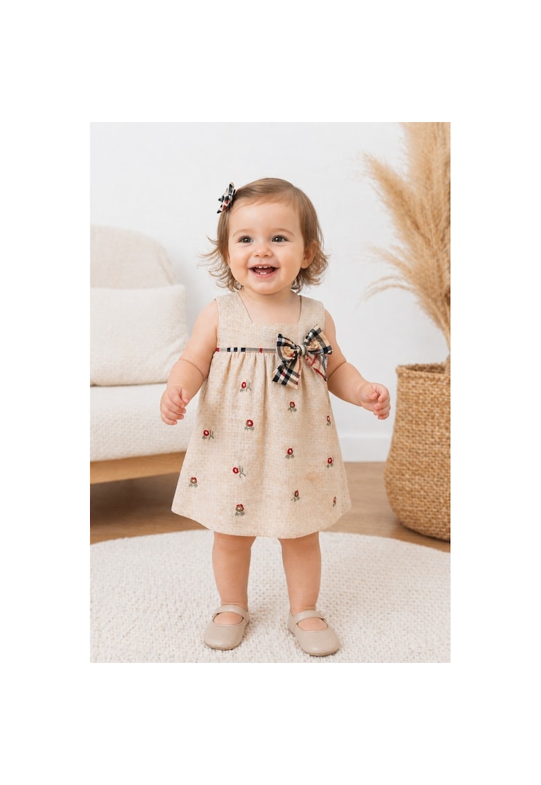 Set fetite 2 piese rochita si bloomer crem cu imprimeu floral si funda