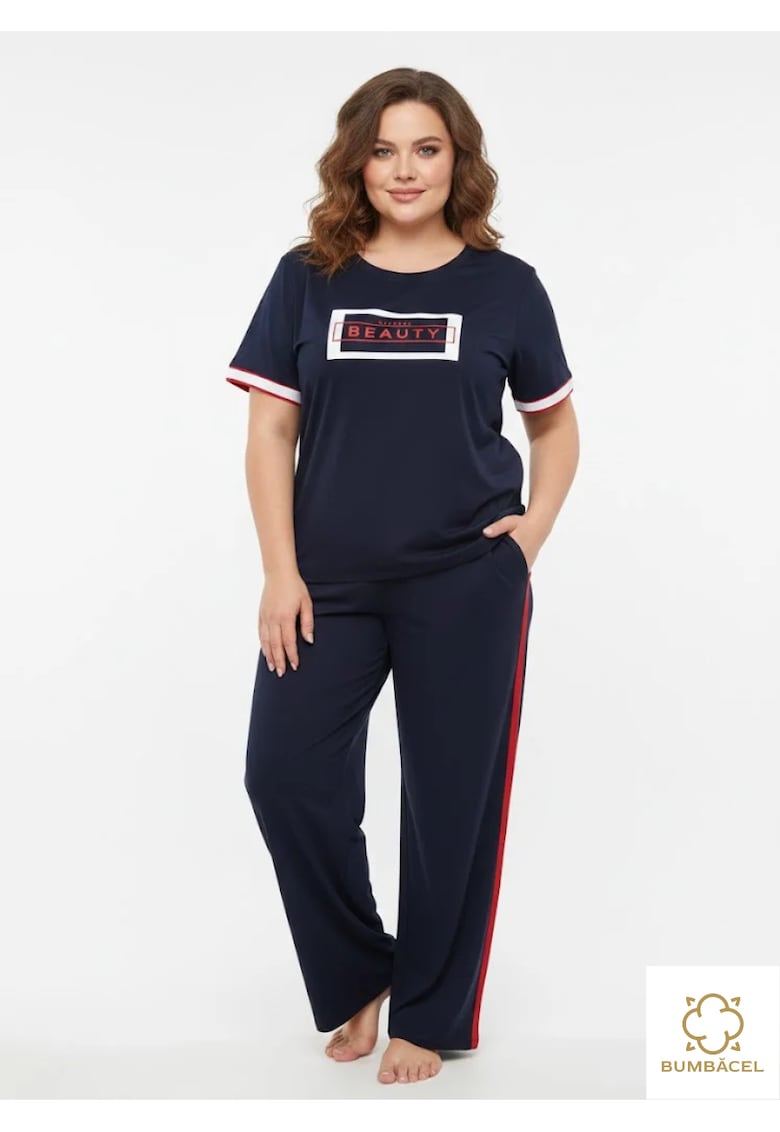 Pijamale pentru dame cu pantaloni lungi si bluza cu maneca scurta - din bumbac - cu imprimeu - marimi mari