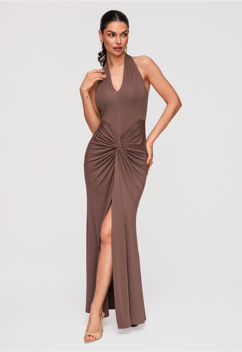 Rochie maxi de seara - croiala mulata - cu decolteu halter si detalii drapate - Maro