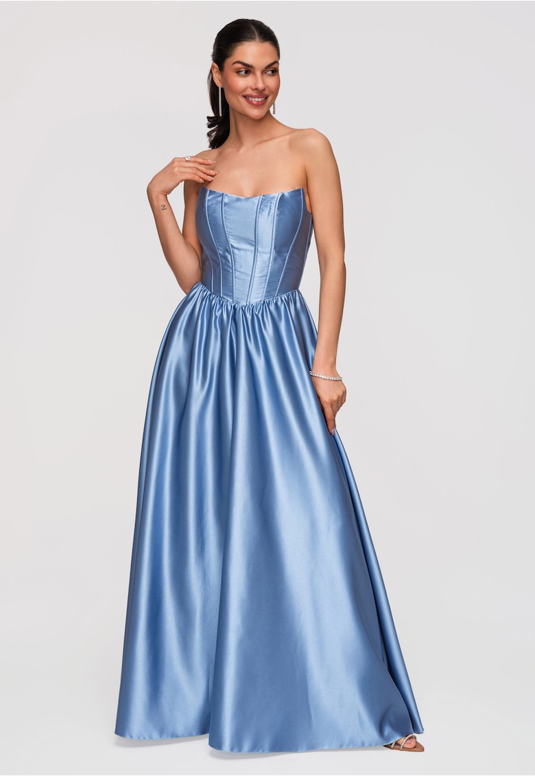 Rochie maxi de seara - croi elegant - material satinat - cu bretele ajustabile - Albastru