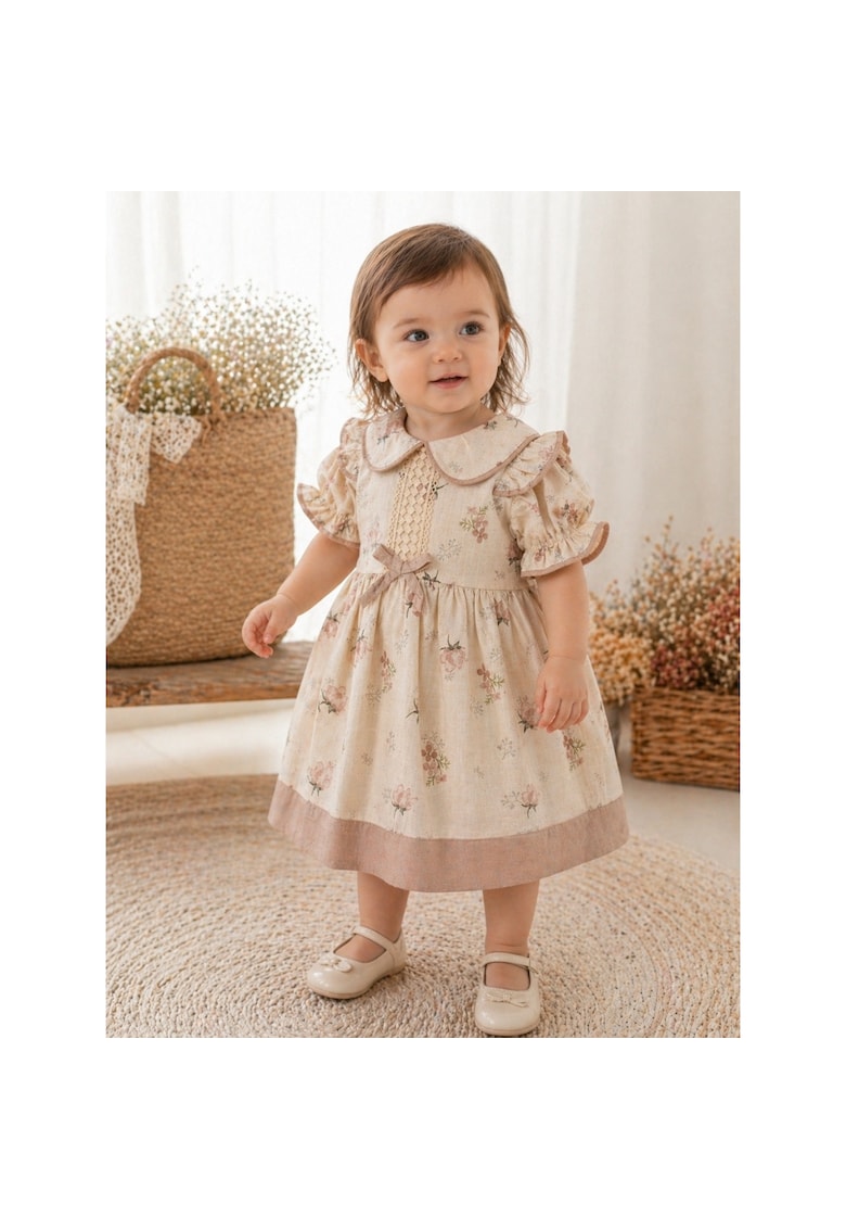 Rochita fetite crem din bumbac cu imprimeu floral si guler elegant
