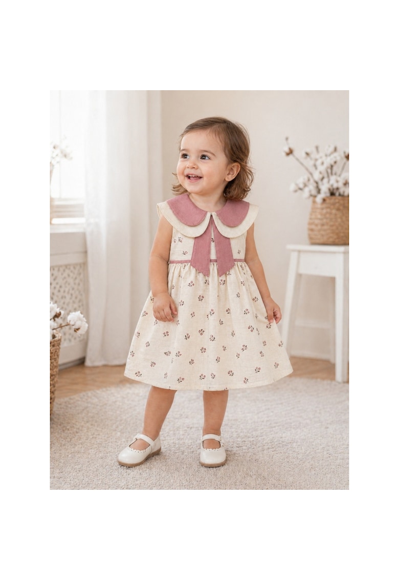Rochita fetite crem cu imprimeu floral si guler dublu roz elegant