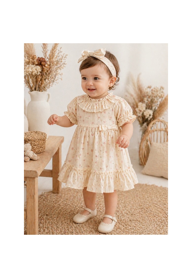 Rochita fetite crem din bumbac cu imprimeu floral si volane elegante