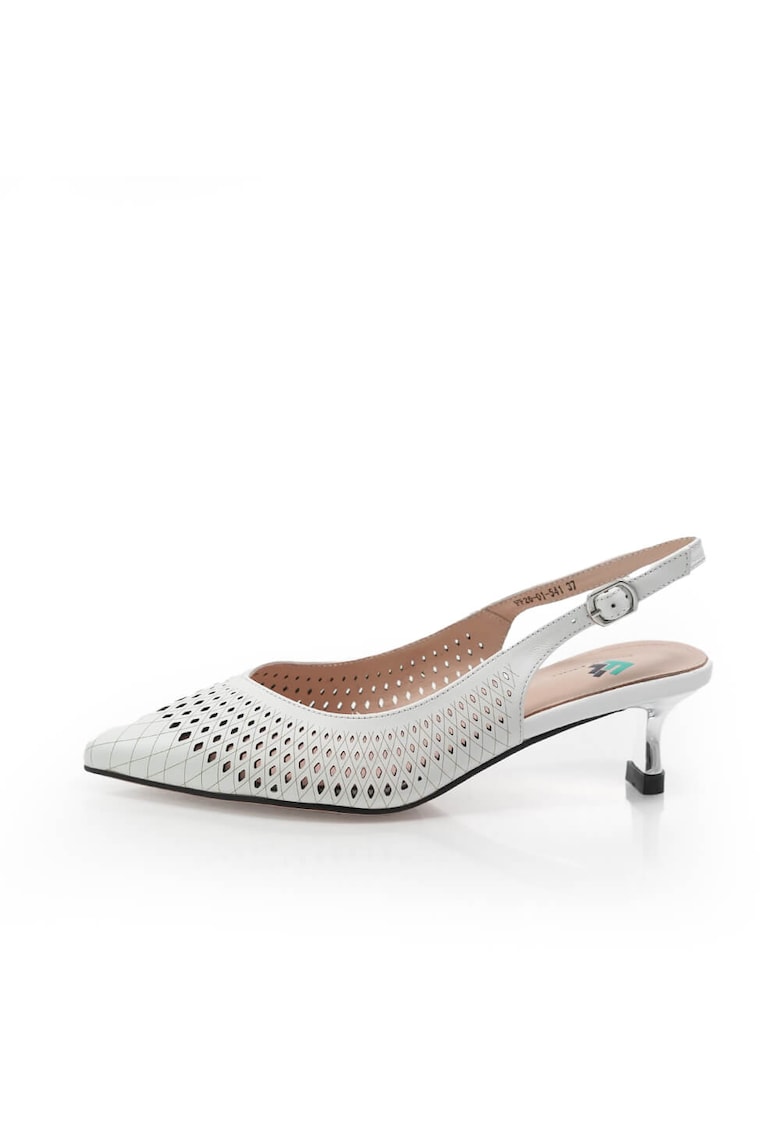 Pantofi din piele cu aspect perforat si toc kitten - Alb