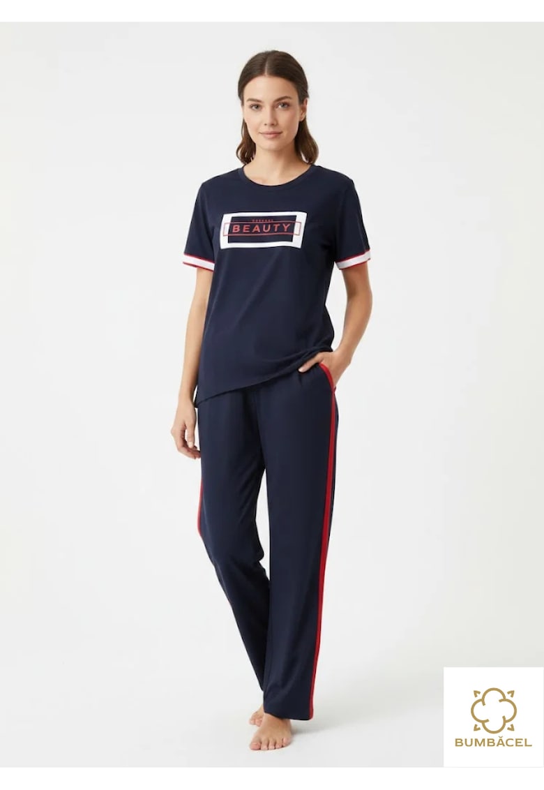 Pijamale pentru dame - cu pantaloni lungi - tricou cu maneca scurta si imprimeu - din bumbac