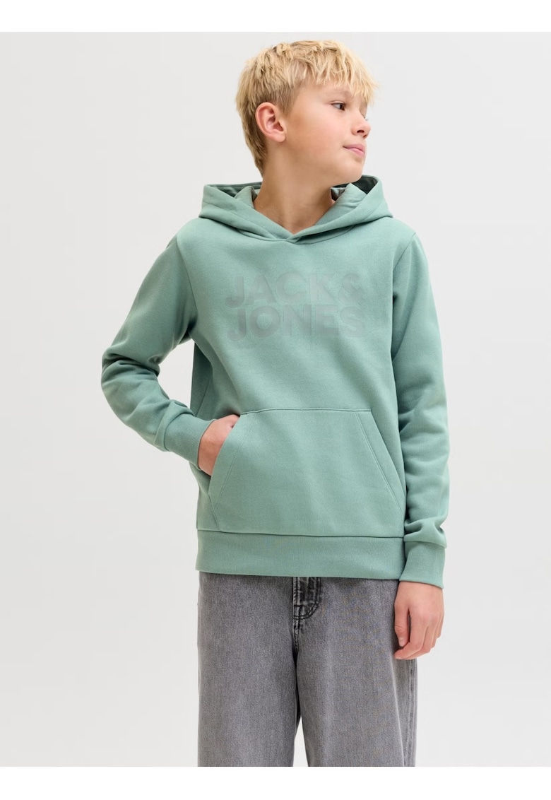Hanorac baieti - Regular Fit cu buzunar tip marsupiu si imprimeu cu logo - Verde deschis -