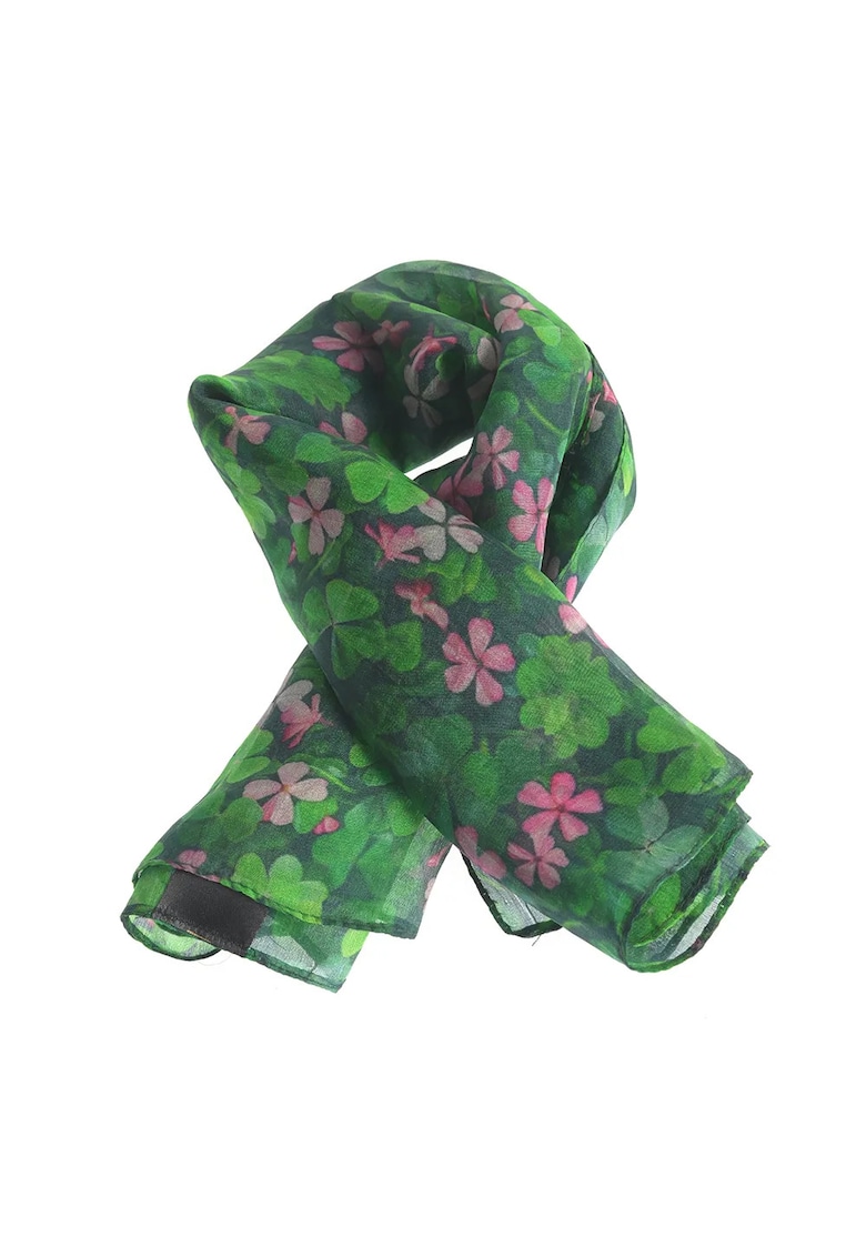Esarfa din matase verde cu imprimeu floral roz