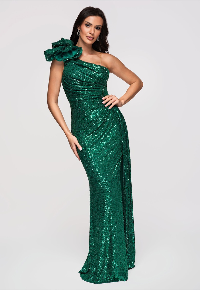Rochie maxi cu decolteu asimetric si aplicatie florala - Verde