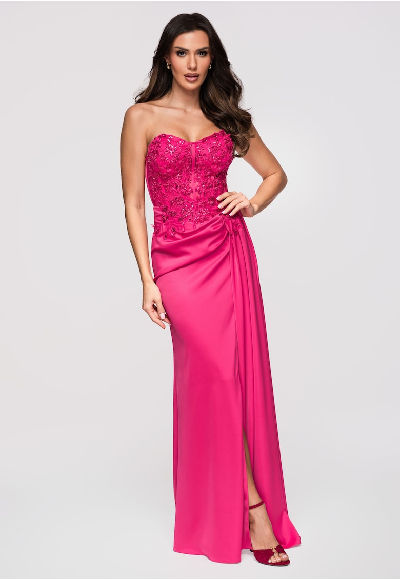 Rochie maxi cu detalii din dantela si satin - Fucsia