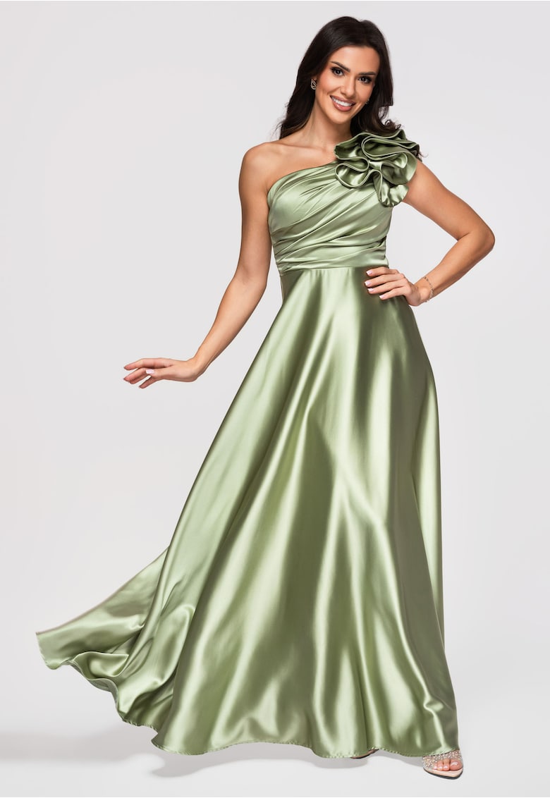 Rochie maxi cu decolteu asimetric si material satinat - Verde deschis