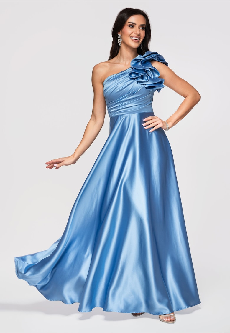 Rochie maxi cu decolteu asimetric si material satinat - Albastru