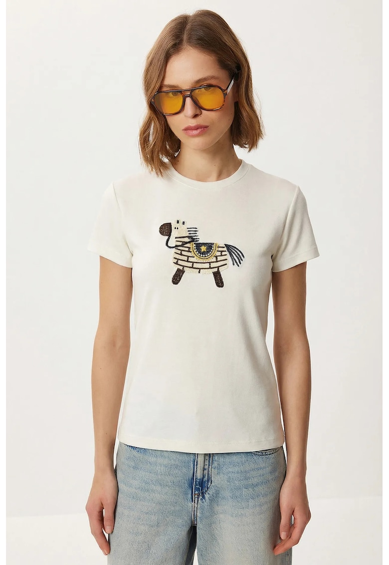 Tricouri dama - Happiness Istanbul - tricou cu guler rotund - brodat - alb - 100% bumbac
