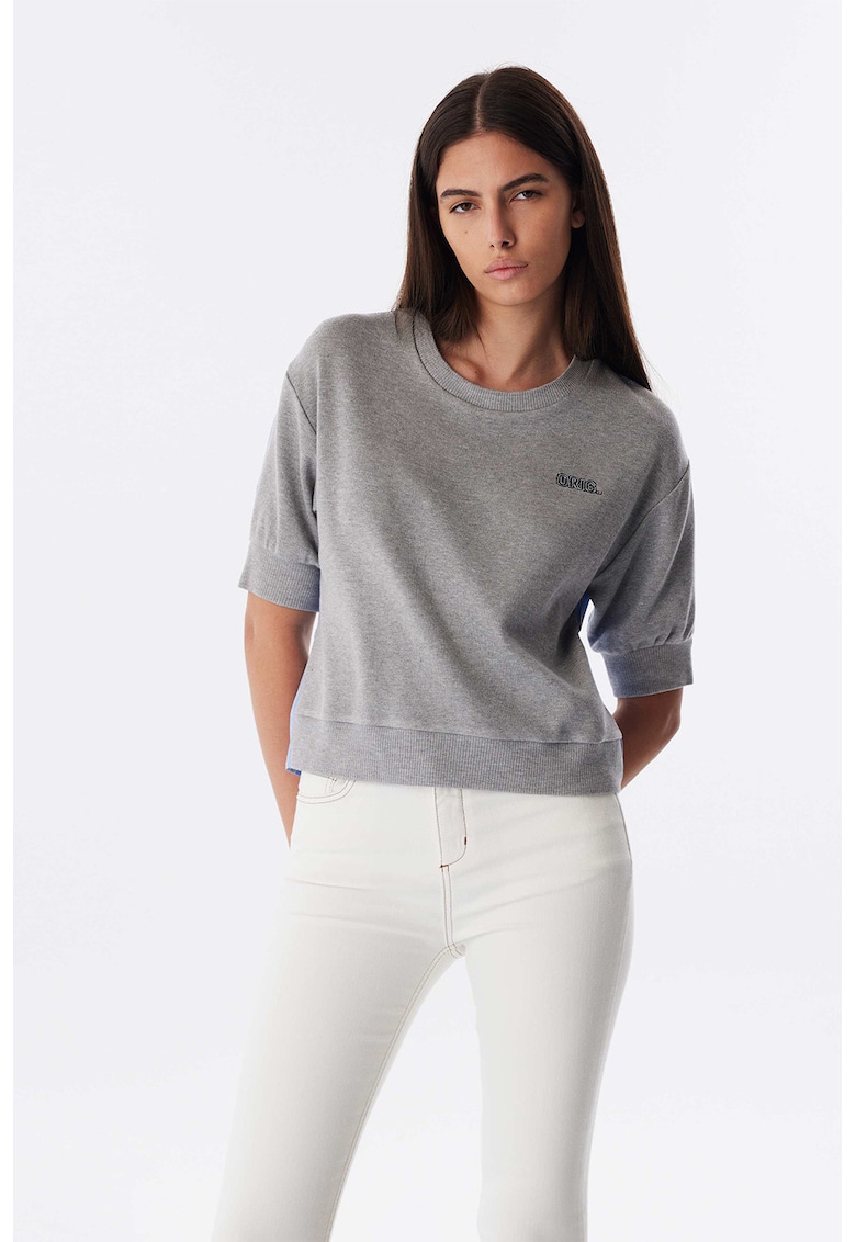 Pulover tricotat fin cu model camasa pe partea din spate - Albastru pastel/Gri melange