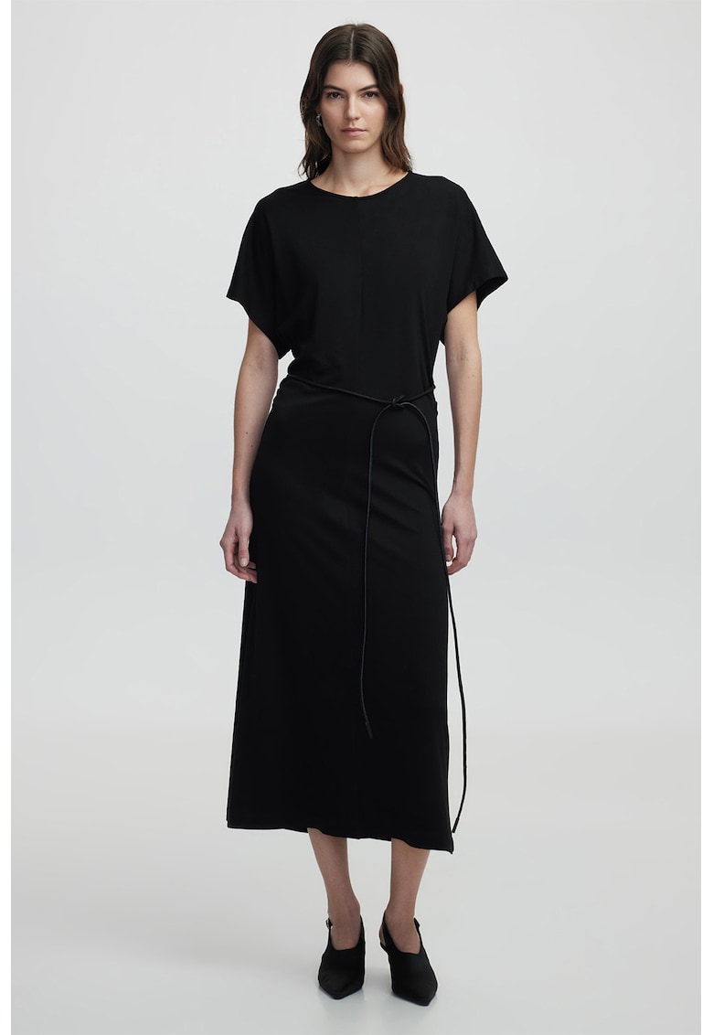 Rochie lunga cu model uni si cordon in talie - Negru