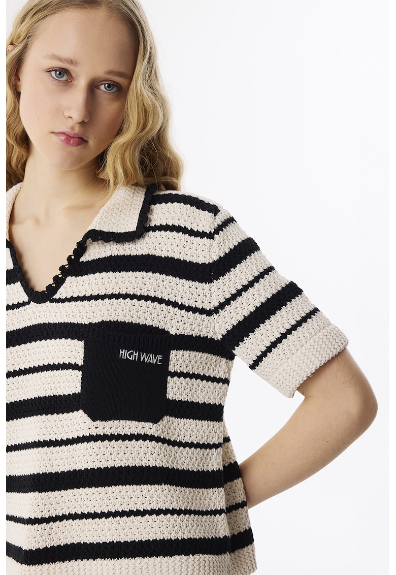 Tricou tricotat cu guler polo - Negru/Bej deschis