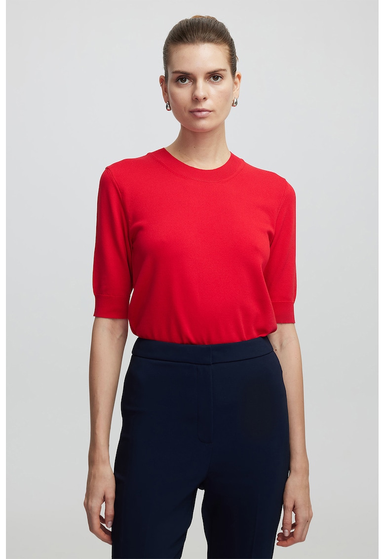 Pulover tricotat fin cu maneci scurte - Rosu neon