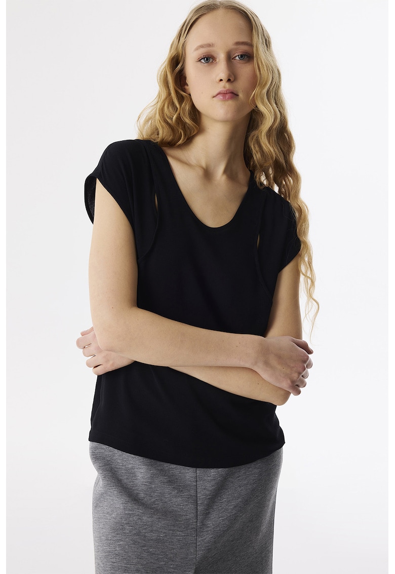 Bluza cu decolteu rotund si decupaj - Negru