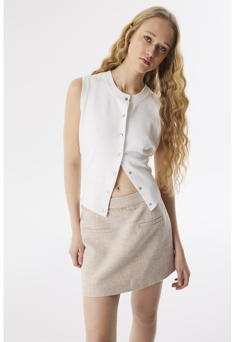 Pulover fara maneci tricotat fin - Alb