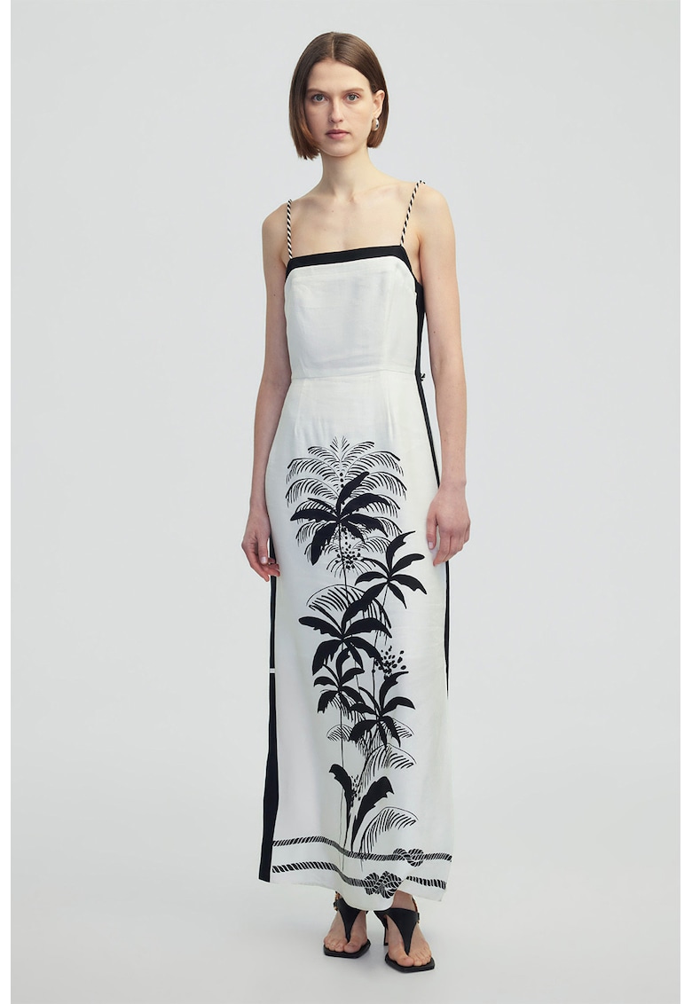 Rochie fara maneci din amestec de in cu imprimeu tropical - Alb/Negru