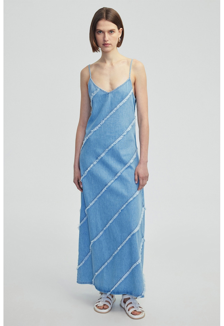 Rochie din denim cu aplicatie diagonala cu franjuri - Albastru deschis melange