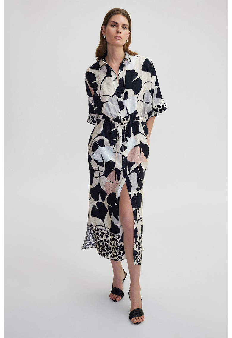Rochie-camasa cu imprimeu si buzunare laterale - Negru/Bej