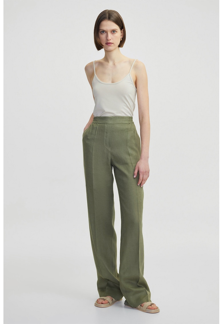 Pantaloni din in cu croiala dreapta si detalii cu pensa - Verde stins