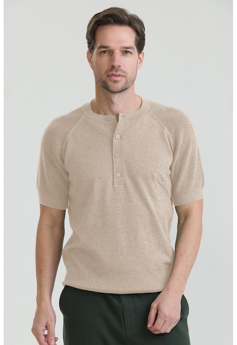Tricou slim-fit cu guler henley - Bej inchis