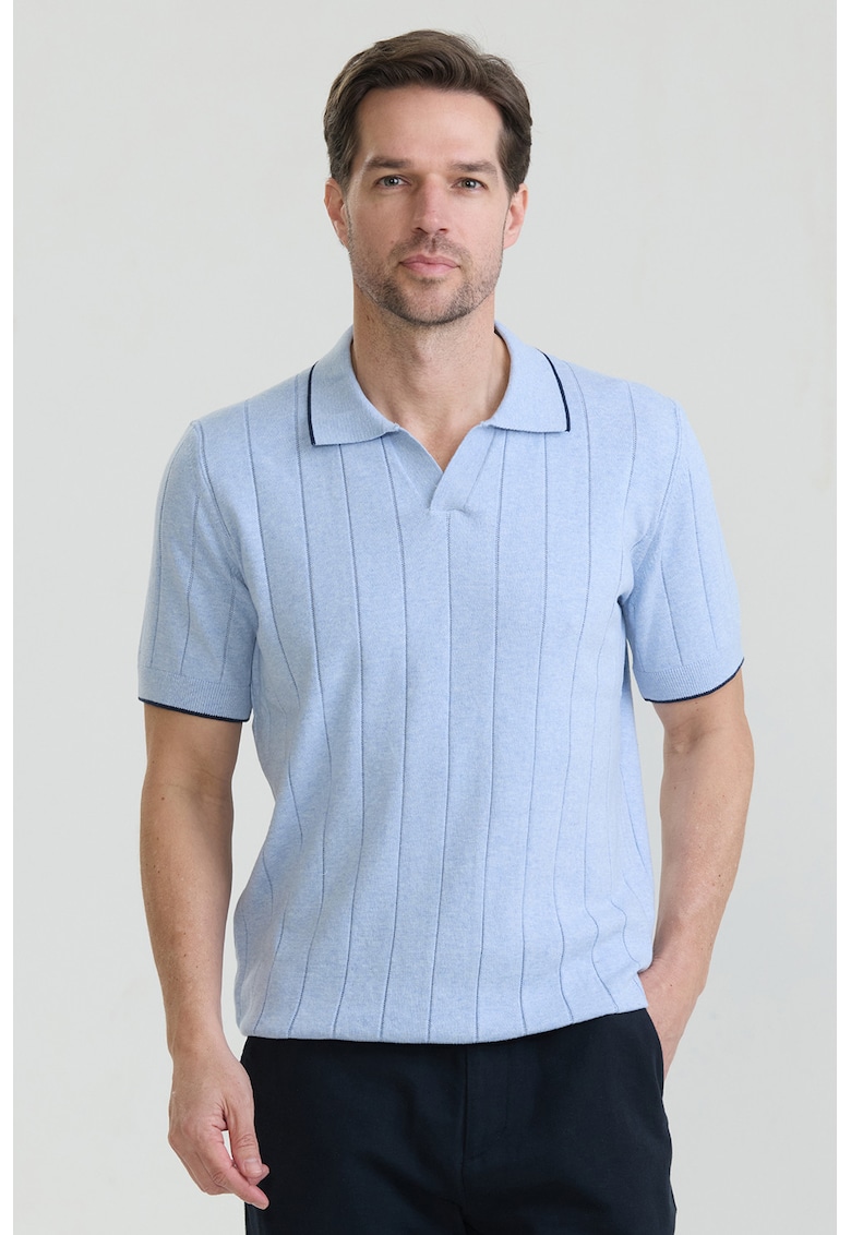 Tricou polo din bumbac cu striatii - Albastru deschis
