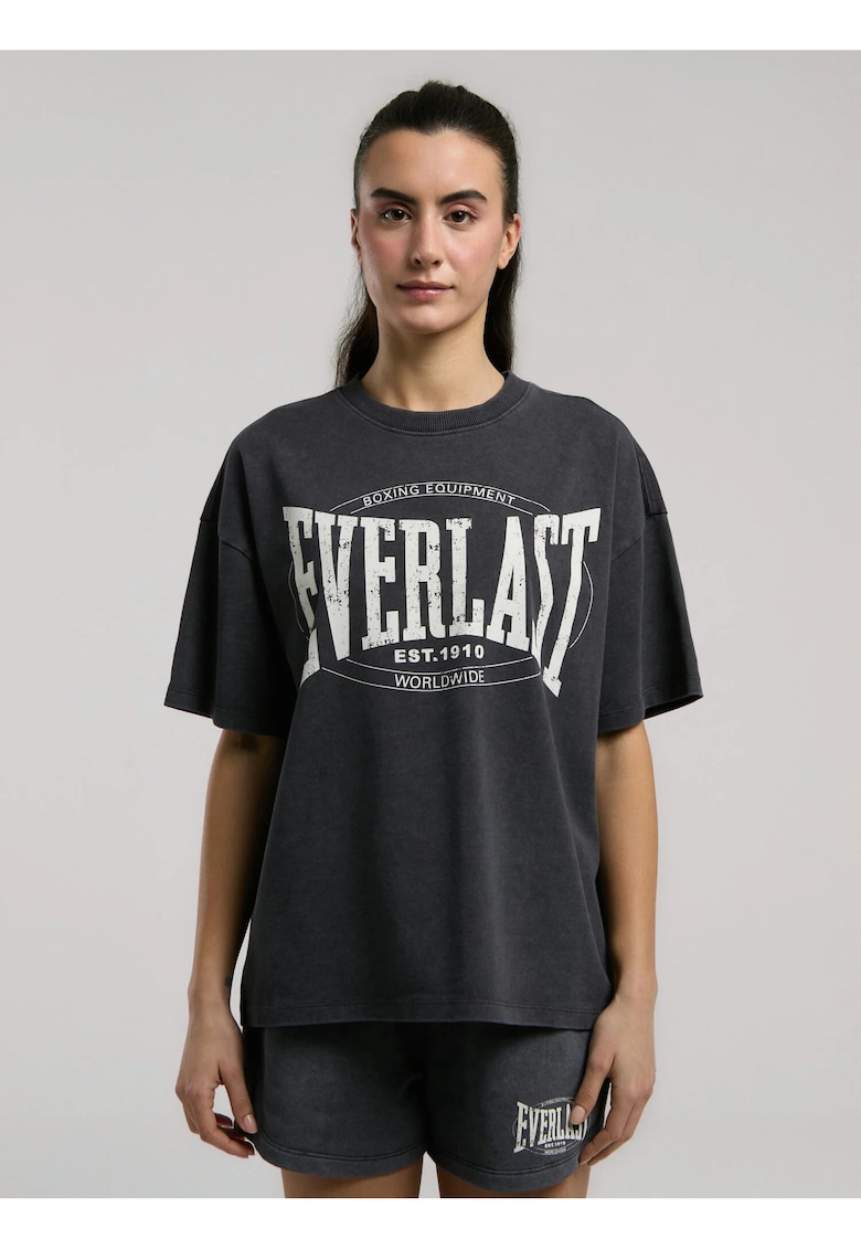 Tricou overisized de dama si imprimeu cu logo - Gri